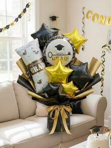 9pcs/Set 2026 Graduation Party Bouquet Decor Balloons, Including Diploma Shaped Foil Balloon, 18" Round Graduation Congrats Balloon, 18" & 10" Black/Gold Star Shaped Balloons, Suitable For Graduation Ceremony, 2026grad, Classof2026, Decorative Props - View 1