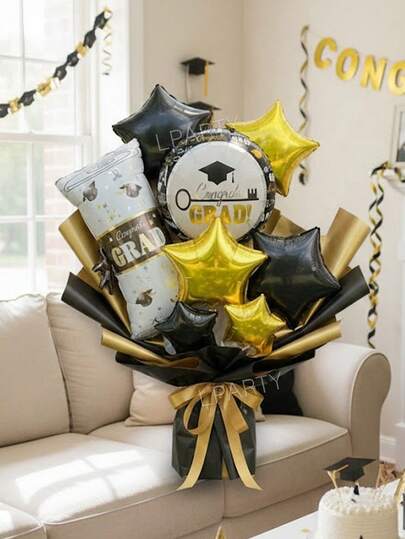 9pcs/Set 2026 Graduation Party Bouquet Decor Balloons, Including Diploma Shaped Foil Balloon, 18" Round Graduation Congrats Balloon, 18" & 10" Black/Gold Star Shaped Balloons, Suitable For Graduation Ceremony, 2026grad, Classof2026, Decorative Props