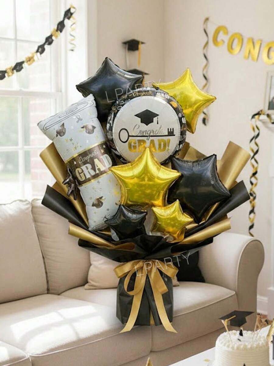 9pcs/Set 2026 Graduation Party Bouquet Decor Balloons, Including Diploma Shaped Foil Balloon, 18" Round Graduation Congrats Balloon, 18" & 10" Black/Gold Star Shaped Balloons, Suitable For Graduation Ceremony, 2026grad, Classof2026, Decorative Props - View 1
