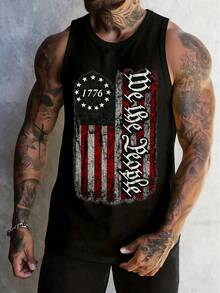 Men's Summer USA Flag Print Round Neck Casual Tank Top - 黑色 - 查看 1