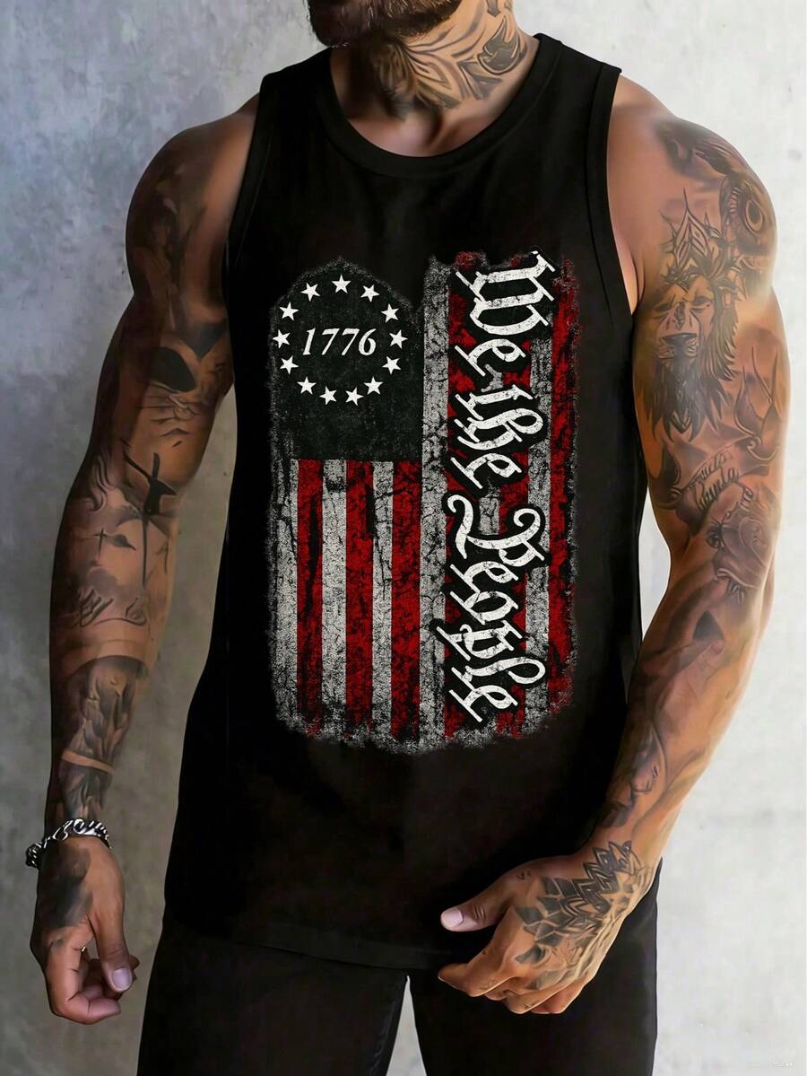 Men's Summer USA Flag Print Round Neck Casual Tank Top - 黑色 - 查看 1