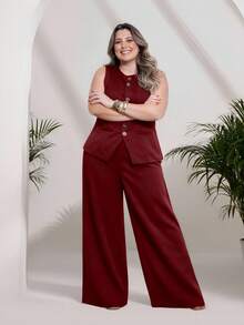 Plus Size Fashion Women's Tailored Set Vest + Pants Casual Fashion/With Special Buttons/Formal Work Blazer With Solid And Elegant Front Button Women's Tank Top/Elegant And Stylish Two-Piece Women's Suit With Front Buttons/Elegant/Sophisticated With Faux Pockets/With Buttons/Blogger/Fashion/National Shipping 2025 - 酒紅色 - 查看 2