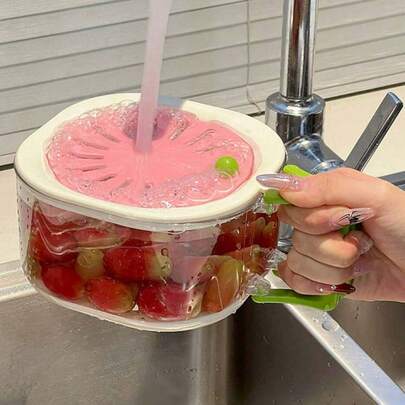 A Cute Pink Fruit Basket, A Large Draining Basket For Home Use, A Telescopic Filter And Dehydration 2-In-1 Thickened Vegetable Washing Basket With Lid, A Household Fruit Storage Basket, Thickened Lid, Foldable Handle, Kitchen Accessory, A Kitchen Product To Improve Kitchen Efficiency, Warm And Comfortable Autumn And Winter Style.