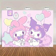 SANRIO 1 Tấm thảm trang trí Hello Kitty dễ thương - Màu hồng và tím huyền ảo với bóng bay hình trái tim, chấm bi và nền kẻ caro, hoàn hảo cho tiệc sinh nhật, sân vườn, studio, phòng ngủ và trang trí nhà cửa, chất liệu vải polyester, không cần đèn LED. - Nhiều màu - Xem 4