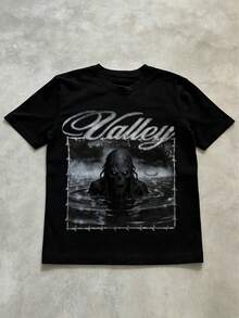 男士极简主义骷髅头图案印花圆领短袖T恤，夏季 - 黑色 - 查看 3