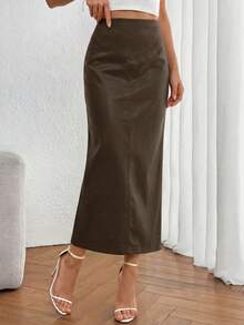 PRETTYGARDEN Women's New Fall Faux Leather Maxi Skirt, High Waist, Elegant Casual Pencil Maxi Skirt Slit Design New Years Valentine Vacation Skirt - 咖啡 - 查看 1