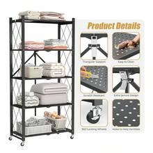 Upgraded Home 5-Tier Foldable Storage Shelf With Wheels ,Collapsible Shelving Unit,750 Lbs Large Capacity Storage Trolley,Display Metal Rack, Rolling Cart For Books,Kitchen Storage Shelves, Garage Storage,Pantry & Closet Organizer, Office Room,Decor,Bathroom(Black/White/Pink/Green),No Assembly - 彩色 - 查看 1