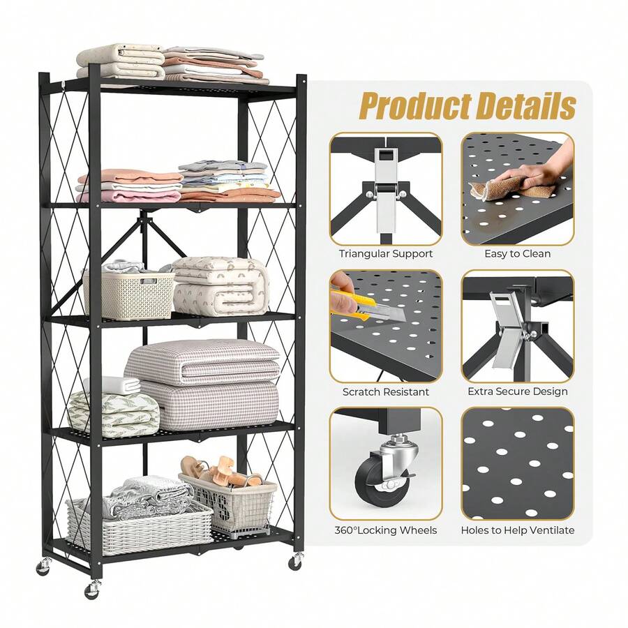 Upgraded Home 5-Tier Foldable Storage Shelf With Wheels ,Collapsible Shelving Unit,750 Lbs Large Capacity Storage Trolley,Display Metal Rack, Rolling Cart For Books,Kitchen Storage Shelves, Garage Storage,Pantry & Closet Organizer, Office Room,Decor,Bathroom(Black/White/Pink/Green),No Assembly - 彩色 - 查看 1