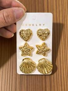 Juego de 6-12 piezas de aretes con temática de flores y océano en color dorado, adecuado para viajes y vacaciones en la playa - Dorado - Ver 5