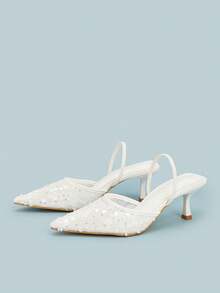 Pointed Toe Mesh Lace Pearl Sequin Backstrap Stiletto High Heel Mule Shoes - White - View 2