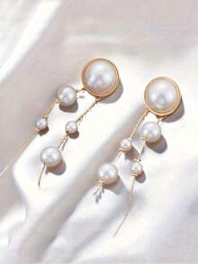 1对时尚优雅仿珍珠长流苏耳环，简约女性气质日常百搭派对度假个性耳环 - 耳環 - 查看 6