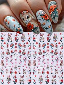 2pcs Easter Theme 3D Nail Art Stickers, Rabbit, Red Flower Petals, Cute Design 3D Self-Adhesive Nail Art Decorations, Nail Art Accessories For Women Nails - Multicolor - View 9