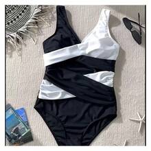 Women's Color Block One Piece Swimsuit - Black & White Wrap Style Bathing Suit, Tummy Control, Slimming Swimwear For Beach, Pool & Spa, Comfortable & Supportive - Warna-warni 870 - View 4