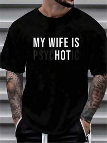 1pc Mens Clothes Wife Quote Print Black TShirt, Unisex Casual Crew Neck Tshirt, Plus Size Men's Clothing 5XL, Lightweight 180gsm Knit Fabric, Machine Washable, For Spring/Summer/Fall Valentine's Day, Father's Day,Thanksgiving - 黑色 - 查看 1