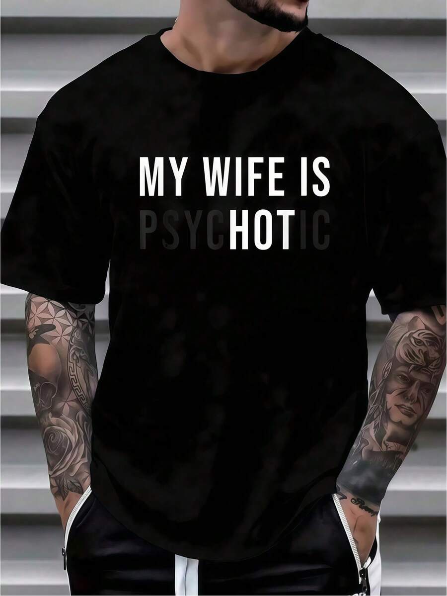 1pc Mens Clothes Wife Quote Print Black TShirt, Unisex Casual Crew Neck Tshirt, Plus Size Men's Clothing 5XL, Lightweight 180gsm Knit Fabric, Machine Washable, For Spring/Summer/Fall Valentine's Day, Father's Day,Thanksgiving - 黑色 - 查看 1