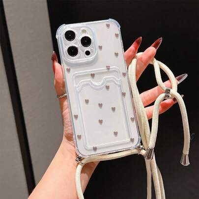 Convenient Lanyard Phone Case With Adjustable Lanyard And Shoulder Strap, Clear Card Slot, Cute Heart Pattern, Lightweight Shockproof TPU Protective Cover For Apple Phones