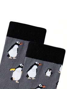 2 Pairs Penguin & Duckling Mid-Calf Socks, Soft & Breathable, High Elasticity Cuff, Comfortable Everyday Wear, Cute Cartoon Patterns - Multicolor - View 3