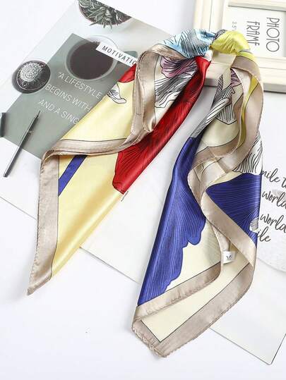 1条60厘米艺术花卉印花仿丝围巾，多功能装饰围巾，优雅百搭，适合工作、旅行，可作头巾、领巾、发圈等多种用途。