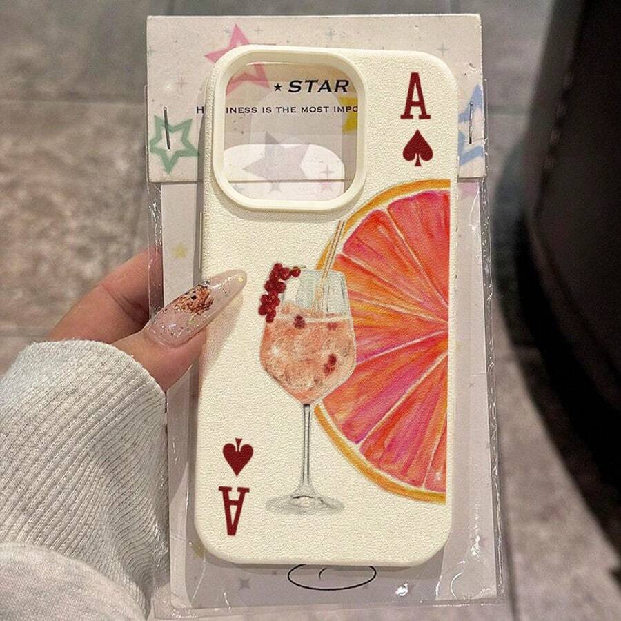 1pc TPU Material Red Heart Grapefruit Summer Cocktail Pattern Phone Case Compatible With IPhone 17 Pro Max/17/16 Pro Max/15/13/12/11, S20 FE/A15/S24/A55, Note 11/Note 12/Note 13 Pro, Full Coverage Anti-Drop Soft Shell Phone Protective Cover,International Version, Not The Domestic Version - White - View 1
