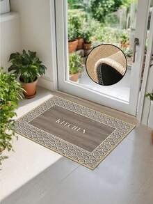 1pc Soft Rubber Linen Kitchen Mat, 3.5mm Thick Kitchen Rug, Main Body Blends Wood Grain Texture And Classic Chinese Water Wave Border, Prominent "KITCHEN" Text In Center - Multicolor - View 5