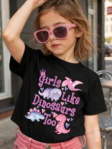 Camiseta sencilla y casual con estampado de dinosaurio lindo, de manga corta, para niñas, para primavera/verano - Negro - Ver 1