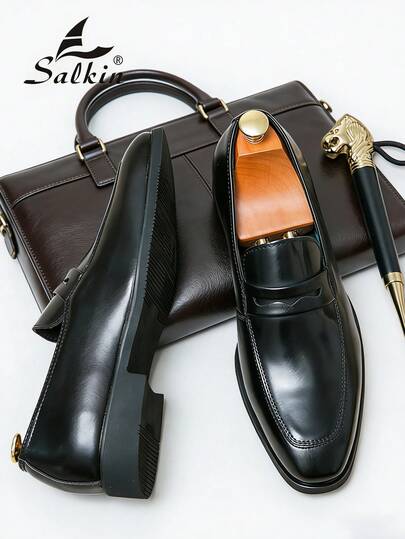 Salkin Luxury Retro Designer Men's Loafers, Soft Leather Shoes, Pointed Toe Design, Suitable For Formal Occasions, Gentlemen's Business, Social Events, Daily Office, Parties, Weddings, Also Suitable For Couples' Dates, Romantic Dinners, Holiday Gifts, Back-To-School Students, Versatile College Style, Suitable For All Seasons. Recommend Sizing Up One Size.