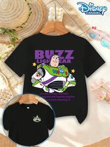 Disney T-Shirt Toy Story T-Shirt Boys' Round Neck Short Sleeved Buzz Lightyear Big Print+Fun Lines Cool And Cool Personality Style Suitable For Summer Theme Parks/Birthday Parties/Student Gatherings - 黑色 - 查看 2