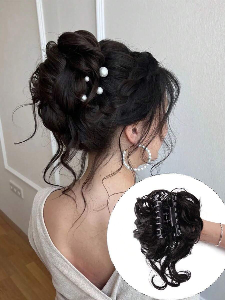 女士凌乱发髻发夹，蓬松高马尾合成卷发发髻接发片，带发夹