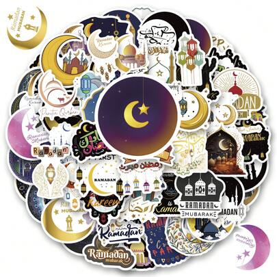 65张斋月贴纸，多色图案贴纸，趣味贴纸，复古装饰贴花，适用于瓶子、装饰纸、剪贴簿、日记本、笔记本电脑、保险杠、滑板、水瓶、电脑、手机、贺卡、相册、家具等。