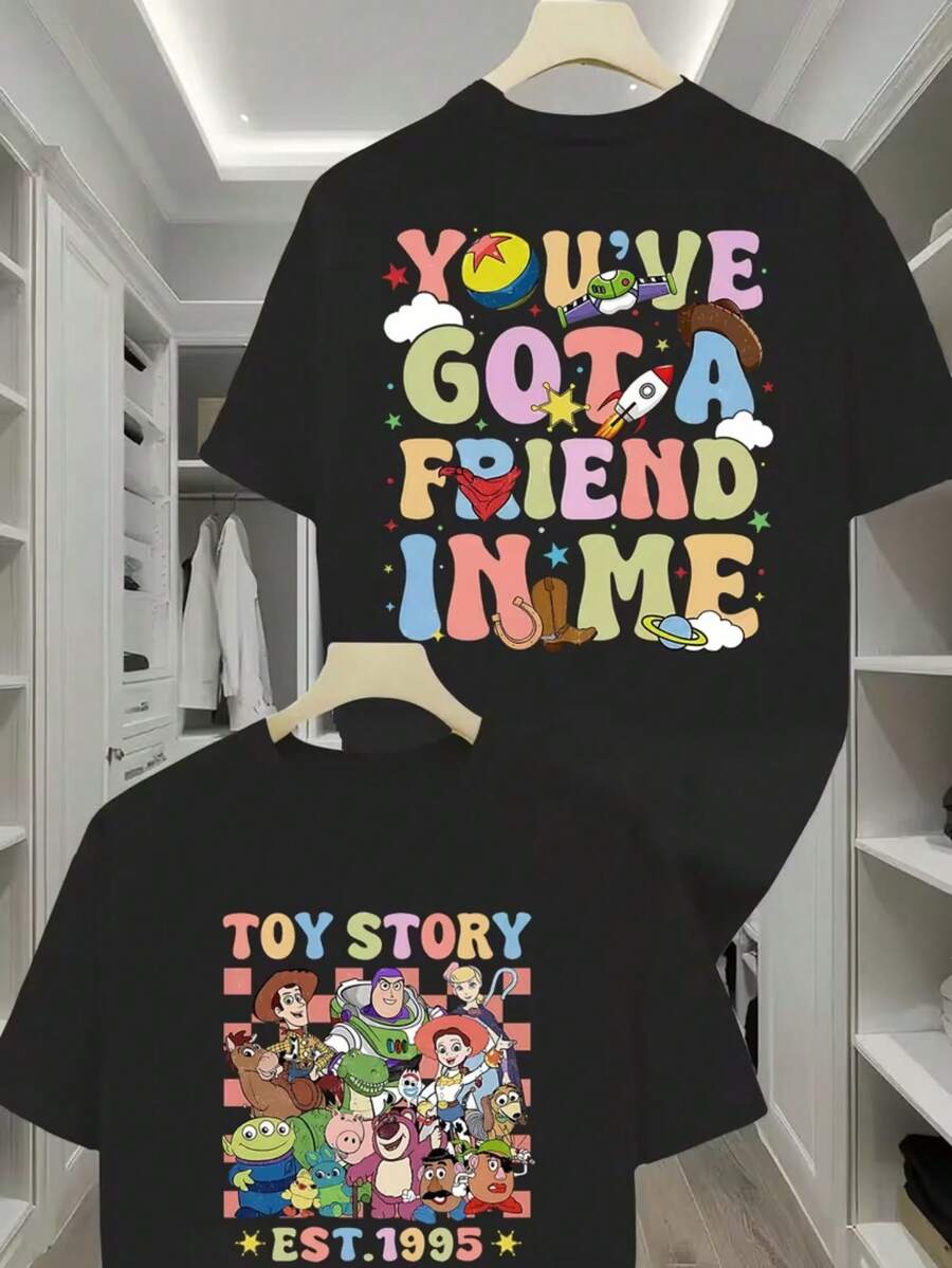 Disney Authorized Disney Toy Story Letter Printed Men's T-Shirts, Round Neck Casual And Comfortable T-Shirts, Breathable And Lightweight, Fashionable Street Clothes, Men's Casual Tops, Suitable For Travel And Parties. - Black - View 1