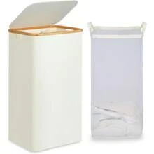 75L Narrow Laundry Basket With Bamb*Oo Handles And Removable Bag For Bathroom & Bedroom Use - Beige Color - Beige - View 8