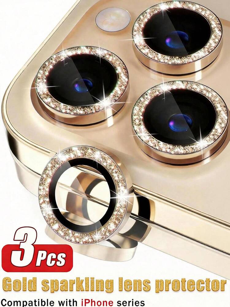 适用于 17 Pro Max/17 Pro/16 Pro Max/16 Pro/16/16 Plus/15 Pro Max/15/15 Pro/15 Plus/14 Pro Max/14 Pro/14/14 Plus/13 Pro Max/13/12/11 的 3 片装金色闪光相机镜头保护膜，闪光设计，9H 钢化玻璃，独立金属保护圈，适用于手机壳，是情人节的理想礼物，适合日常保护、办公、居家使用，防水、防摔、防刮，晶莹闪耀。 - 金色 - 查看 7