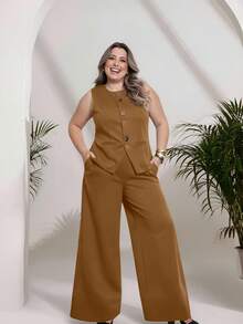 Plus Size Fashion Women's Tailored Set Vest + Pants Casual Fashion/With Special Buttons/Formal Work Blazer With Solid And Elegant Front Button Women's Tank Top/Elegant And Stylish Two-Piece Women's Suit With Front Buttons/Elegant/Sophisticated With Faux Pockets/With Buttons/Blogger/Fashion/National Shipping 2025 - 摩卡棕 - 查看 3