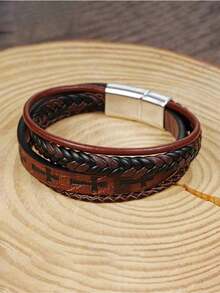 1pc Vintage Hip-Hop Leather Cross Bracelet Versatile For Men Suitable For Daily Wear Birthday Christmas Thanksgiving New Year Gifts - Brown - View 5