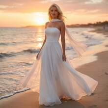 YUMIBRAVO 优雅婚纱、白色新娘礼服、无肩带女士婚纱、长款新娘礼服、舞会礼服、晚礼服、女士正式礼服、高贵新娘礼服、婚礼派对礼服 - 白色 - 查看 3