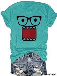 Women's Round Neck Short Sleeve Funny Glasses And Big Mouth Print All Season Casual Wear Fashion Sporty Style Daily Versatile Ladies Top Local Warehouse Shipping New Year Valentine's Day Gift - 薄荷藍 - 查看 1