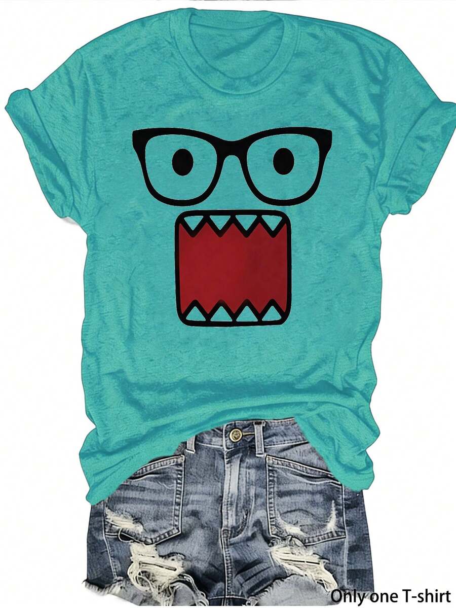 Women's Round Neck Short Sleeve Funny Glasses And Big Mouth Print All Season Casual Wear Fashion Sporty Style Daily Versatile Ladies Top Local Warehouse Shipping New Year Valentine's Day Gift - 薄荷藍 - 查看 1