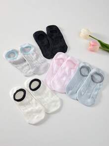 5 Pairs Spring/Summer Korean Style Shallow Mouth Boat Socks With Bow Pattern Mesh Invisible Socks, Sweet Ins Style Non-Slip Socks - Multicolor - View 6