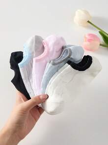 5 Pairs Spring/Summer Korean Style Shallow Mouth Boat Socks With Bow Pattern Mesh Invisible Socks, Sweet Ins Style Non-Slip Socks - Multicolor - View 8