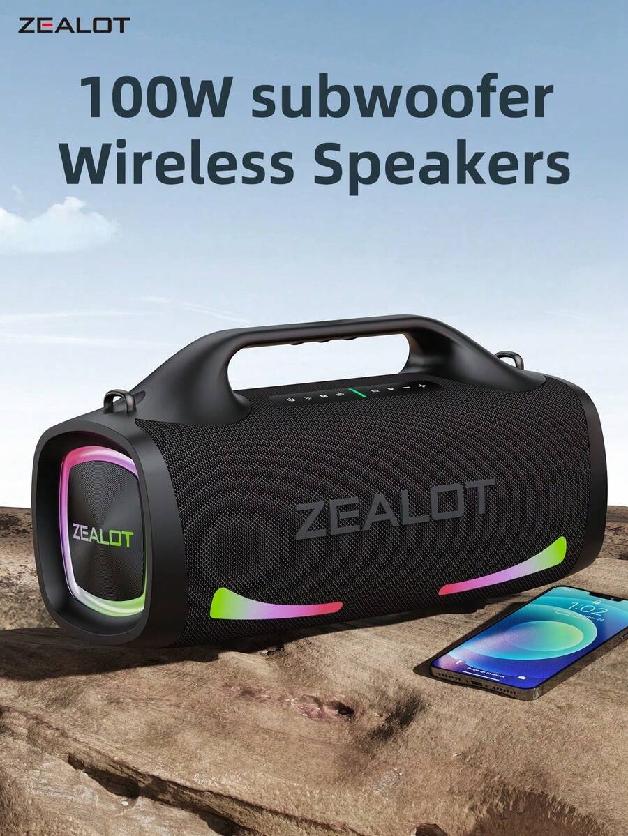 ZEALOTS79 100W 無線喇叭，具備 RGB 彩色燈光、支援 SD 卡/USB/AUX 介面，並可進行免持通話。適合戶外活動、舞會、家庭聚會及海灘派對