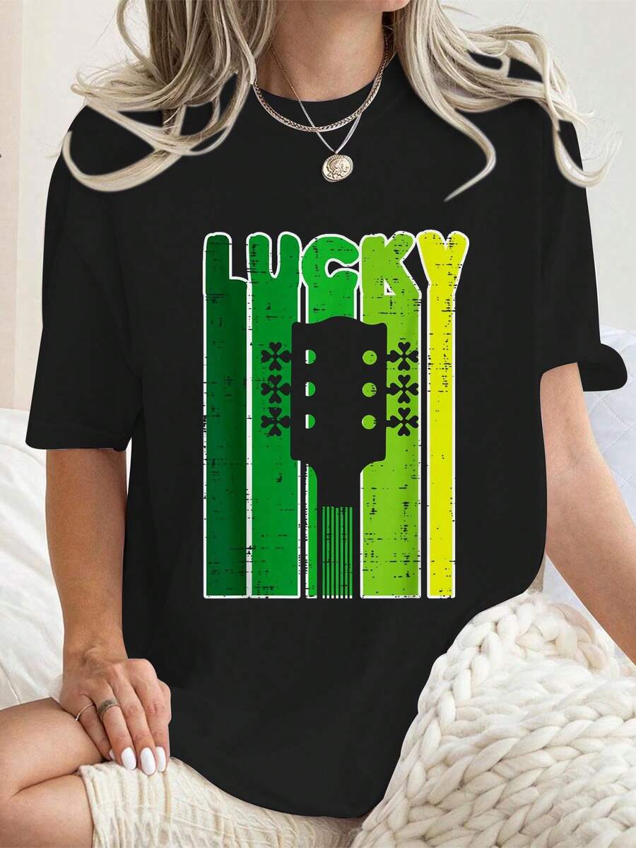 St. Patrick's Day Guitar Shamrock Music Band Guitarist T-Shirt Summer Tops, Short Sleeve Round Neck Casual Top For Summer & Spring - 黑色 - 查看 1