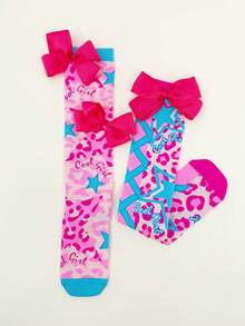 1 Pair Kids Over-The-Knee Socks, Leopard Print Bow Decor 3D Bow Design, Fun Crazy Style, Kids Socks Funny Socks Crazy Socks All Season, Suitable For Crazy Day Gifts, Parties, Valentine's Day, Wedding Season, Easter, Holidays, Outdoor And Daily Wear - Baby Pink - View 8