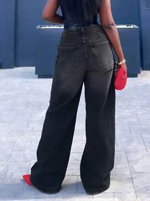 （棉质款可选）女士复古毛边阔腿牛仔裤，休闲黑色，春季款 - 黑色 - 查看 2