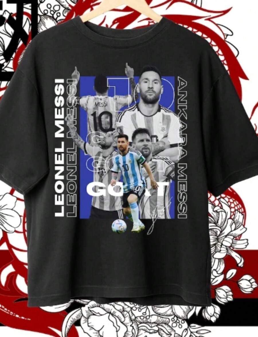 New T-Shirt M ESSI T-Shirt Design Football Lionel 10 Football - 黑色 - 查看 1