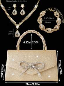 Set Perhiasan Wanita Mewah Berkilau 4 Buah, Tas Tangan Pesta Formal dengan Dekorasi Pita Berlian Imitasi, Set Hadiah Pernikahan Pengantin, Cocok untuk Pesta, Pernikahan, Prom, Gala - Sampanye - View 3