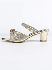 Giày sandal cao gót vừa phải, hở mũi, đính đá lấp lánh dành cho nữ, kiểu dáng sang trọng với khóa cài, mũi nhọn, gót dày, thích hợp cho các bữa tiệc mùa xuân/hè. - Vàng - Xem 6