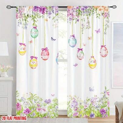 2 件装复活节彩蛋蝴蝶结窗帘，水彩花卉蝴蝶结图案，薄纱面料，适用于客厅、卧室、餐厅和厨房装饰，非常适合春季和复活节装饰，杆式安装。