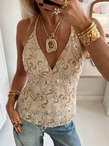 Summer Fashionable Sexy V-Neck Low-Cut Beaded Embroidery Design Spaghetti Strap Tie Strap Camisole For Women Casual Vacation - Champagne - View 9