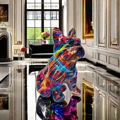 Resin Bulldog Statue With Vibrant Graffiti Art Design, Hand-Painted Anime-Inspired Decor, No Electricity Needed, Ideal For Home, Office, Festive Gifts - Party, Christmas, Halloween, Easter, Thanksgiving, Graduation Decor