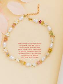 1 pieza Collar de clavícula con estrella de mar de perlas falsas hecho a mano de estilo de moda, con piedras de colores, joyería de playa para uso diario y vacaciones, regalo - Multicolor - Ver 6